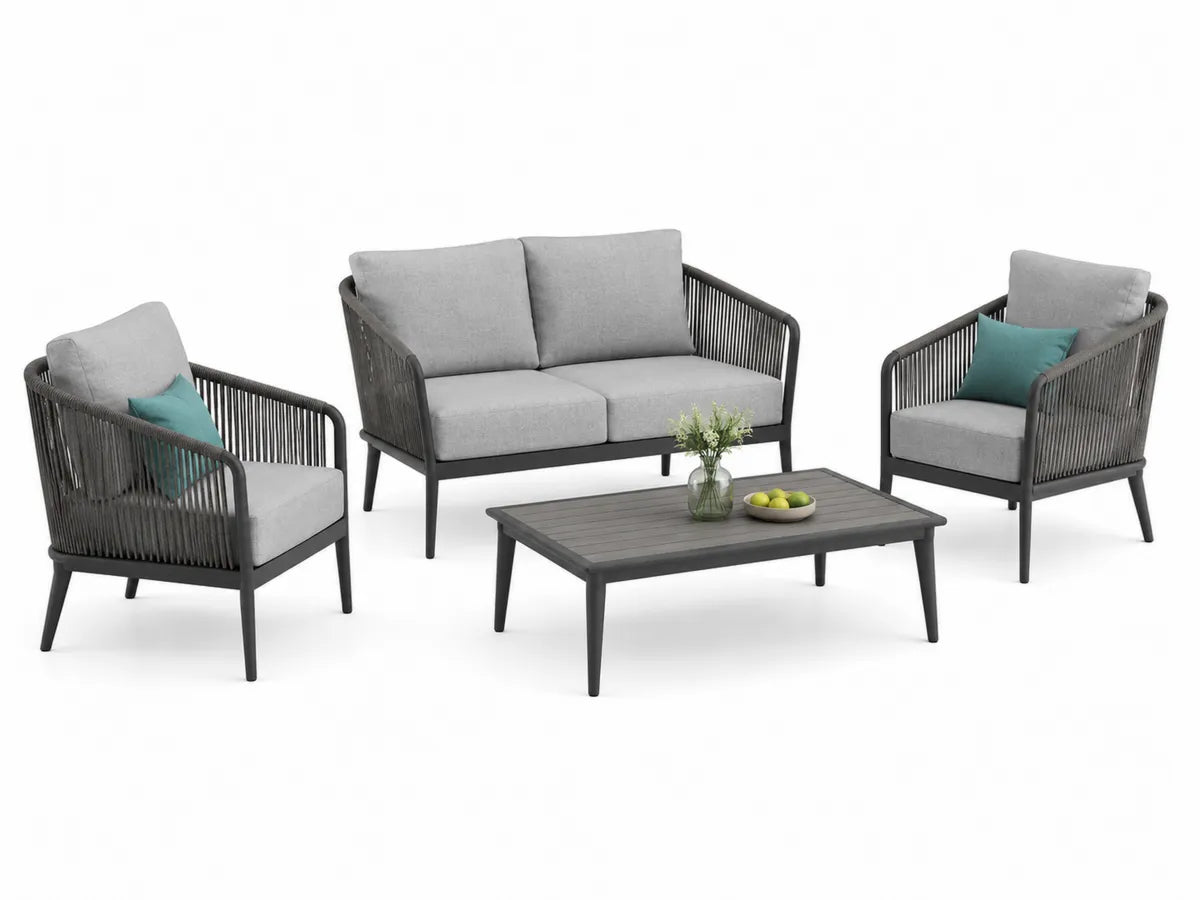 Zestaw mebli ogrodowych aluminiowych z szarym poliestrem, 2 fotele, sofa i stolik