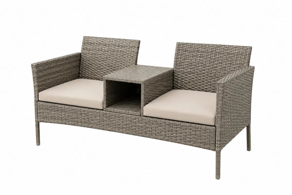 Dwuosobowa zewnętrzna sofa z technorattanu z beżowymi poduszkami