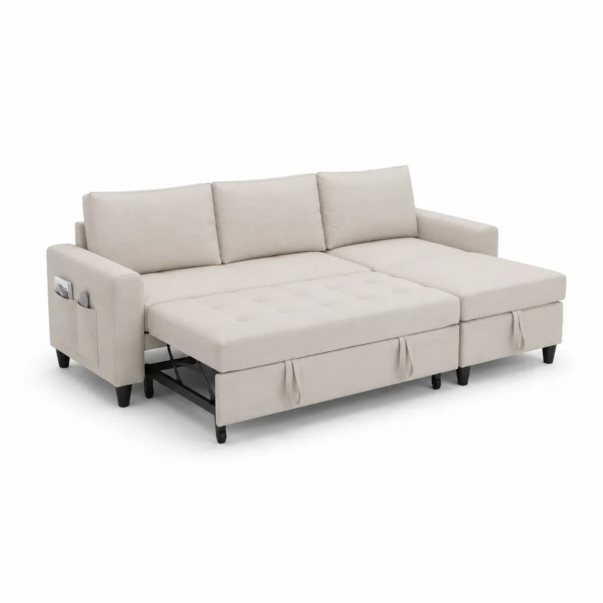 Sofa rozkładana narożna z tkaniny beżowa 250x160x90 cm