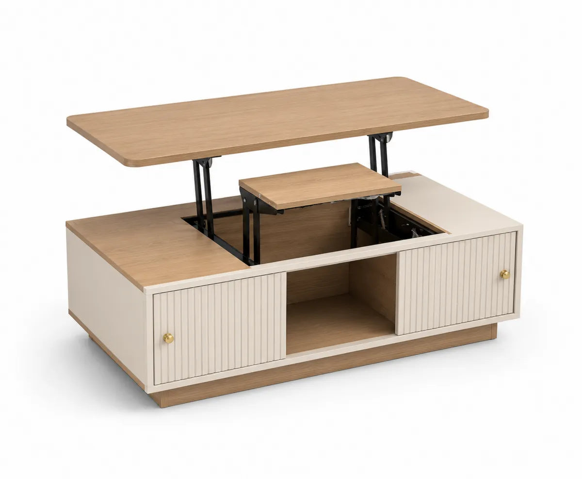 Stolik kawowy z podnoszonym blatem z drewna dębowego i MDF, beżowy, 120 cm