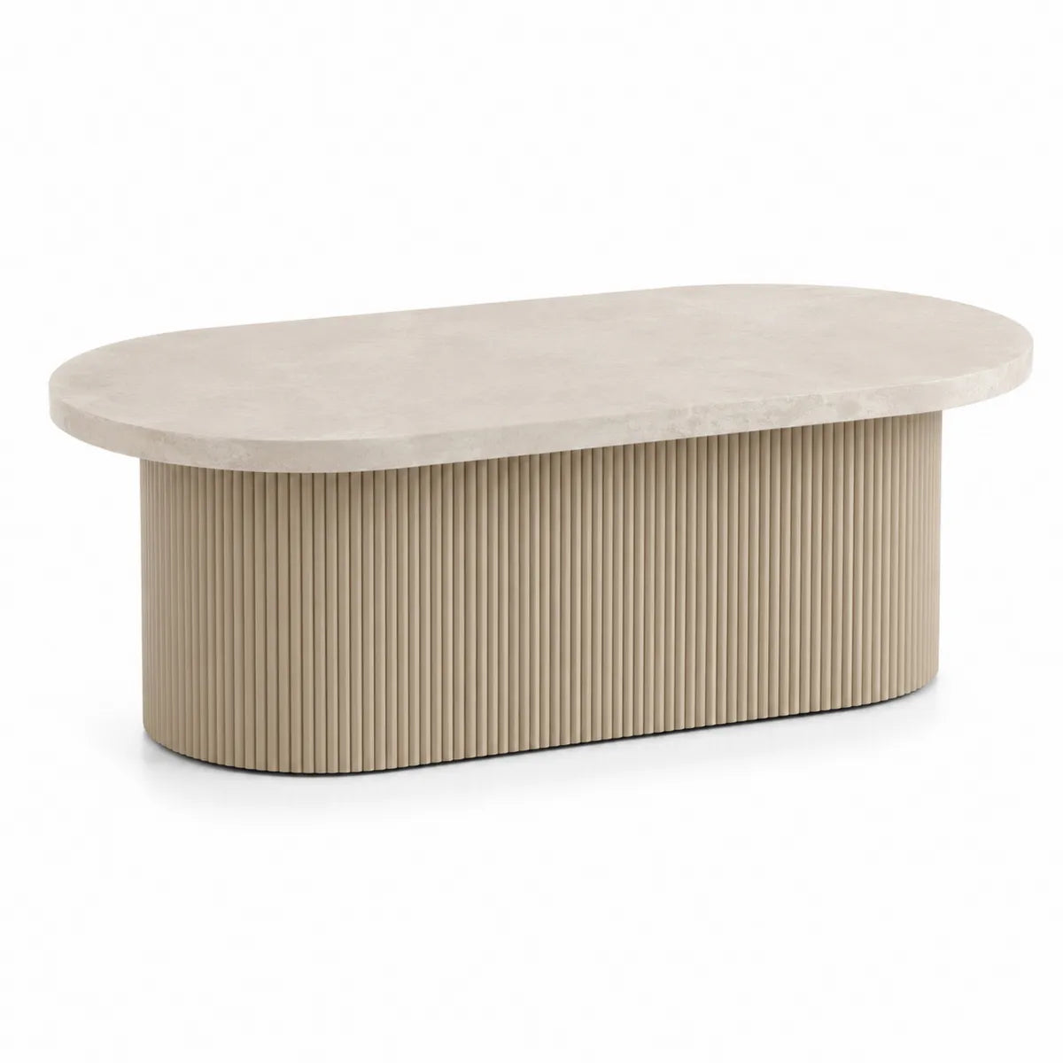 Owalny stolik kawowy z kamienia i MDF beżowy 120x60 cm