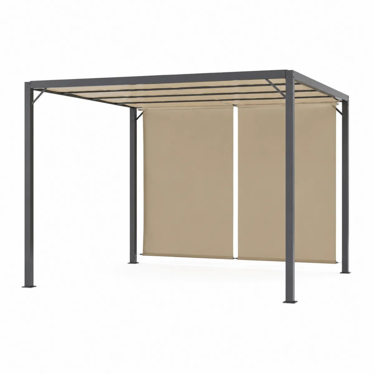 Pergola stalowa z beżowym dachem materiałowym i zasłonami 400x300x230 cm