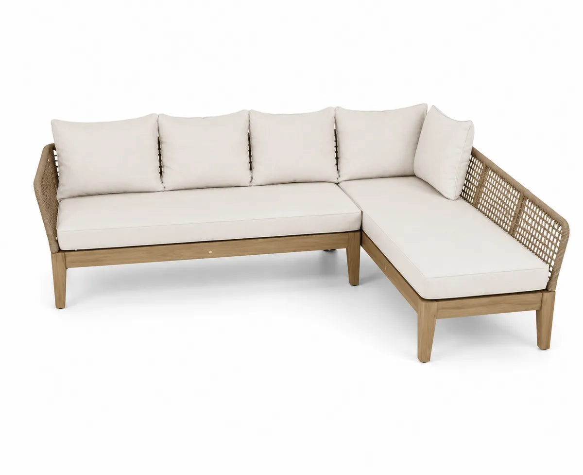 Rogowa sofa ogrodowa beżowa drewno teakowe i poliester
