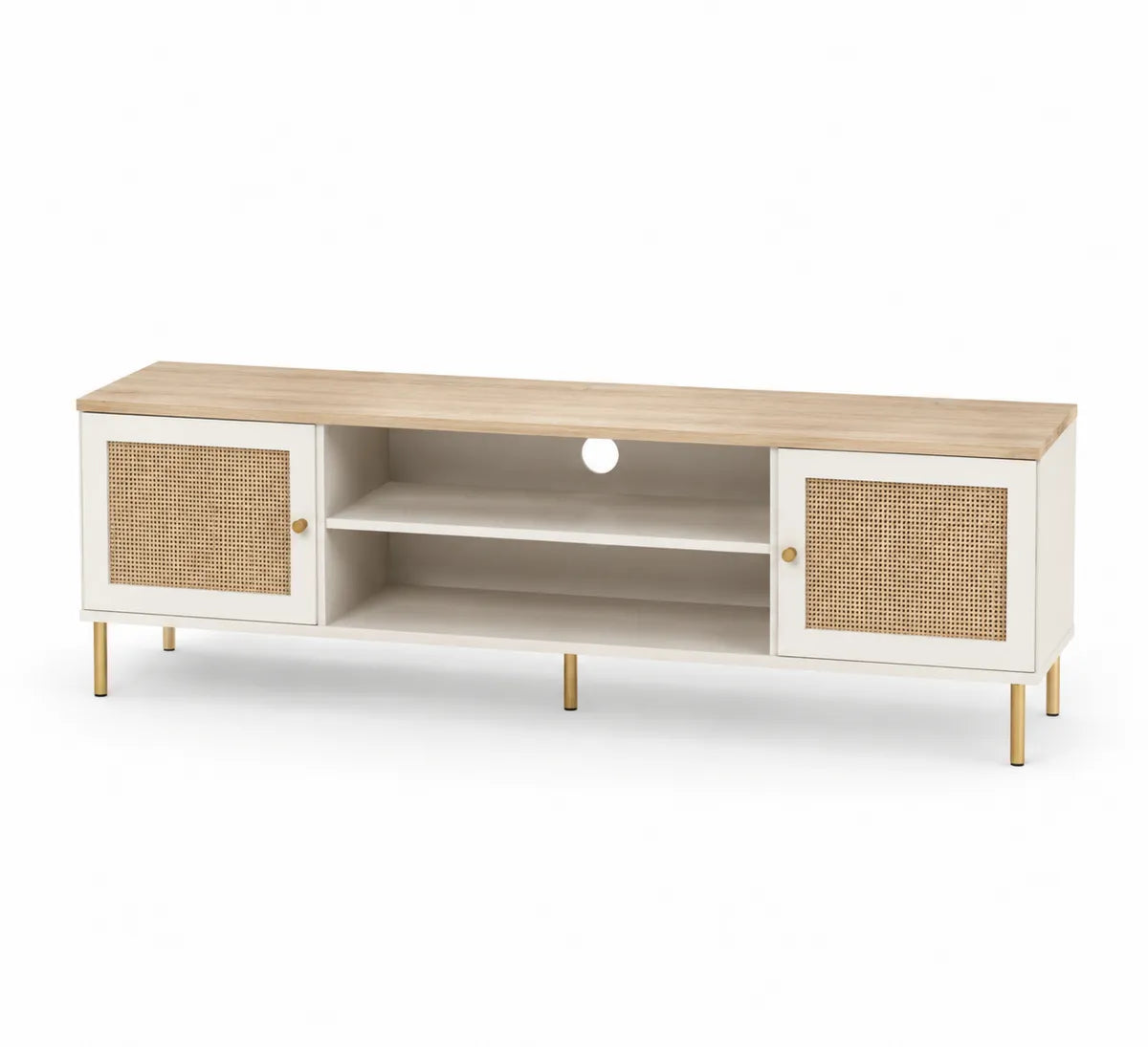 Szafka RTV z MDF i rattanem, biało-naturalne drewno, 150x40x50 cm