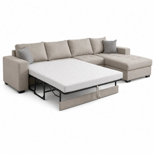 Narożna sofa rozkładana z beżowej tkaniny, 250 cm