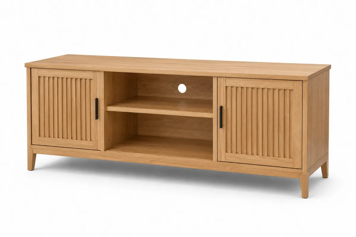 Szafka RTV drewniana z dwiema szafkami i półką w kolorze dąb 150x40x50 cm