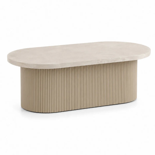 Owalny stolik kawowy z kamienia i MDF beżowy 120x60 cm