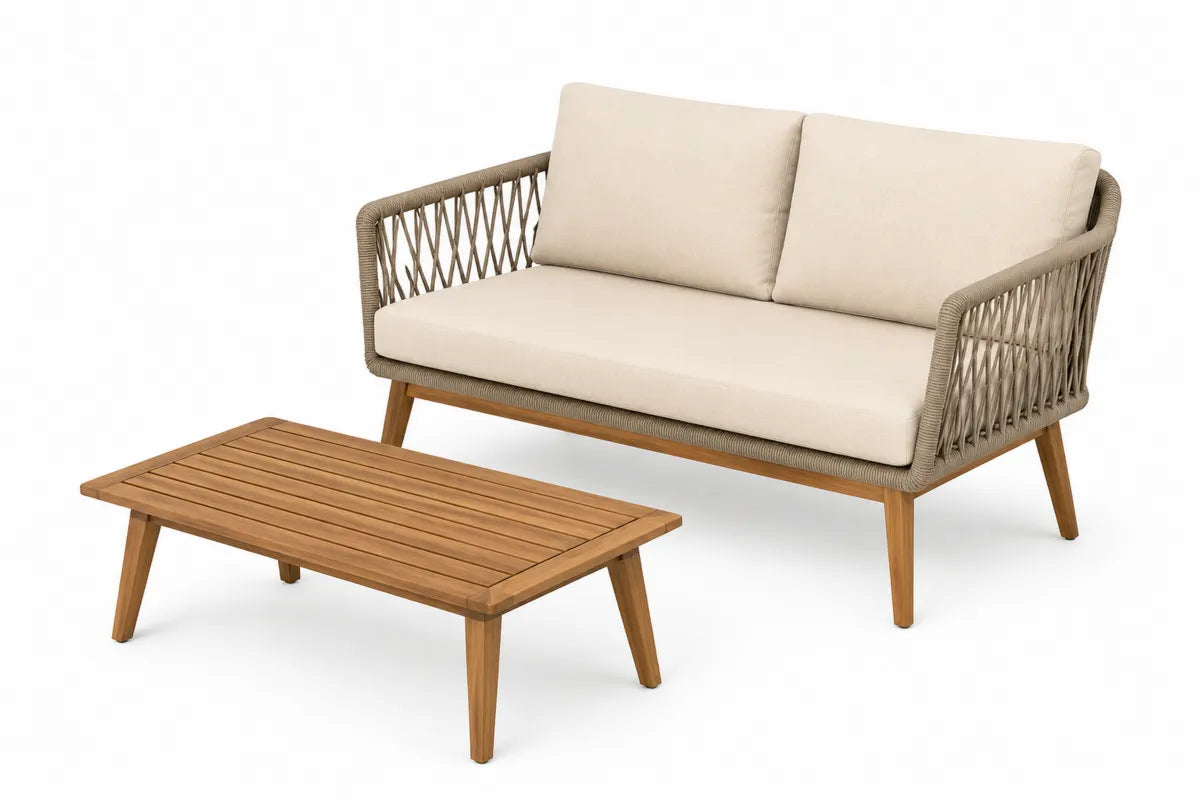 Zestaw mebli z drewna i liny beżowy sofa 120 cm i stół 100 cm