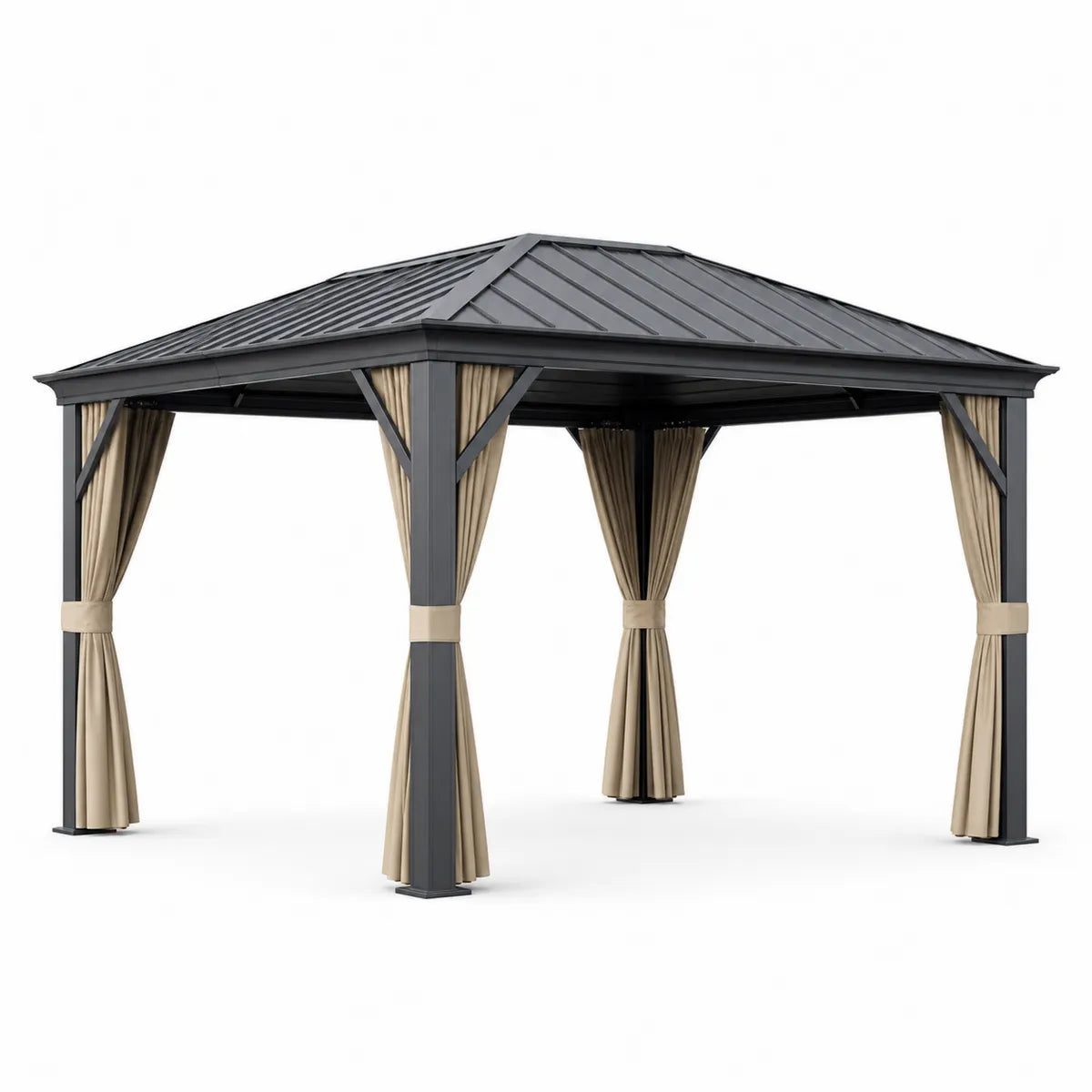 Altana ogrodowa z aluminium i dachem stalowym, beżowe zasłony 300x400 cm