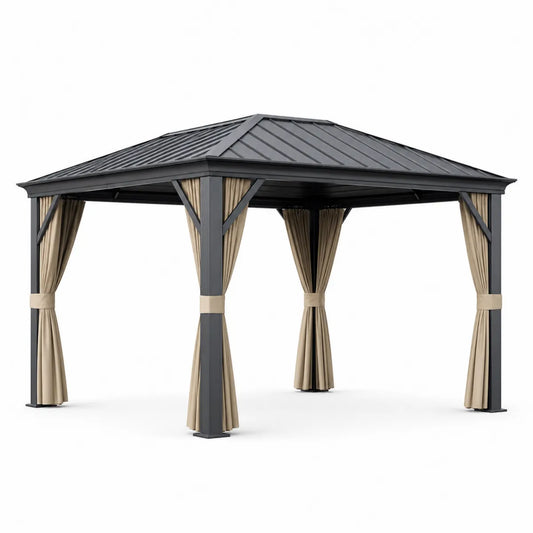 Altana ogrodowa z aluminium i dachem stalowym, beżowe zasłony 300x400 cm