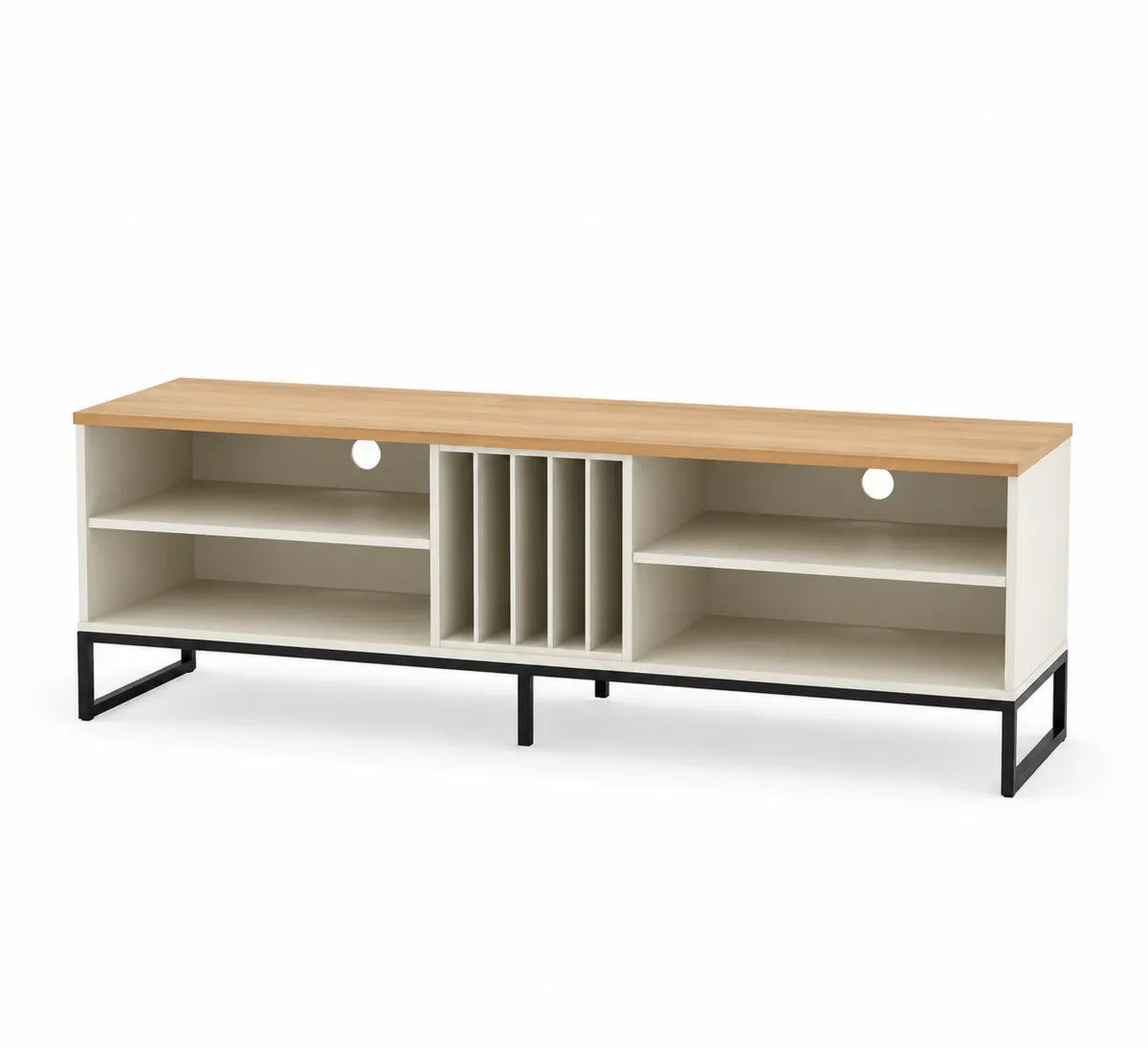 Szafka RTV biało-drewniana z MDF i metalu 140x35x50 cm