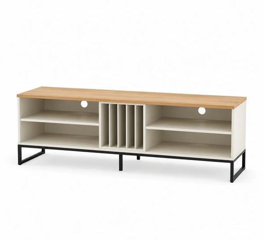 Szafka RTV biało-drewniana z MDF i metalu 140x35x50 cm