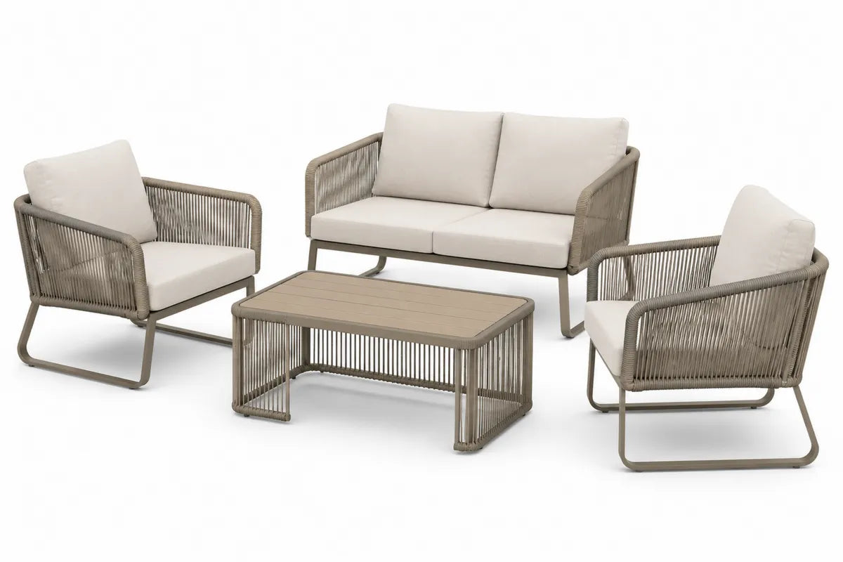 Zestaw mebli outdoor z aluminium i liny, beżowy, 2 fotele, sofa, stół
