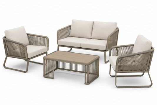 Zestaw mebli outdoor z aluminium i liny, beżowy, 2 fotele, sofa, stół