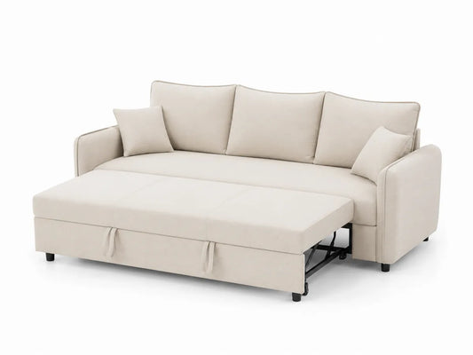 Beżowa Sofa Rozkładana z Tkaniny Poliestrowej z 2 Poduszkami