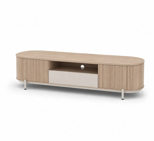 Szafka RTV z MDF owalna 150 cm beżowa z metalowymi nogami