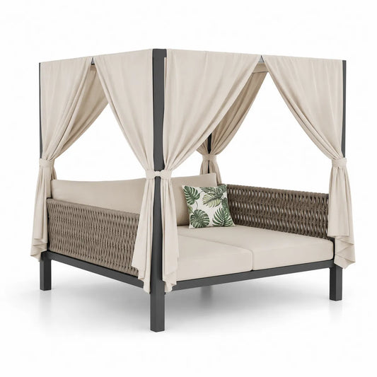 Sofa ogrodowa aluminiowa z baldachimem i plecionką, beżowo-szara, 200x180x200 cm